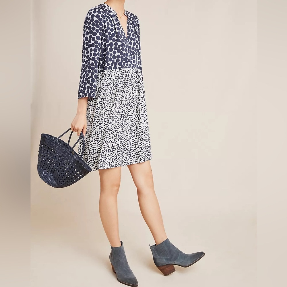 Maeve by Anthropologie Juno Printed 3/4 Sleeve Mini Dress Dots Navy White Medium